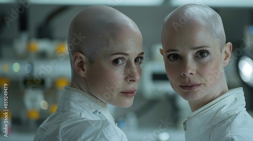 Two bald women in lab coats gaze offscreen photo