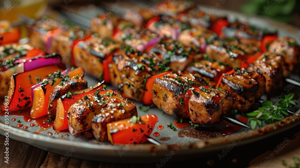 Closeup of grilled tofu and bell pepper skewers Closeup of grilled tofu and bell pepper skewers