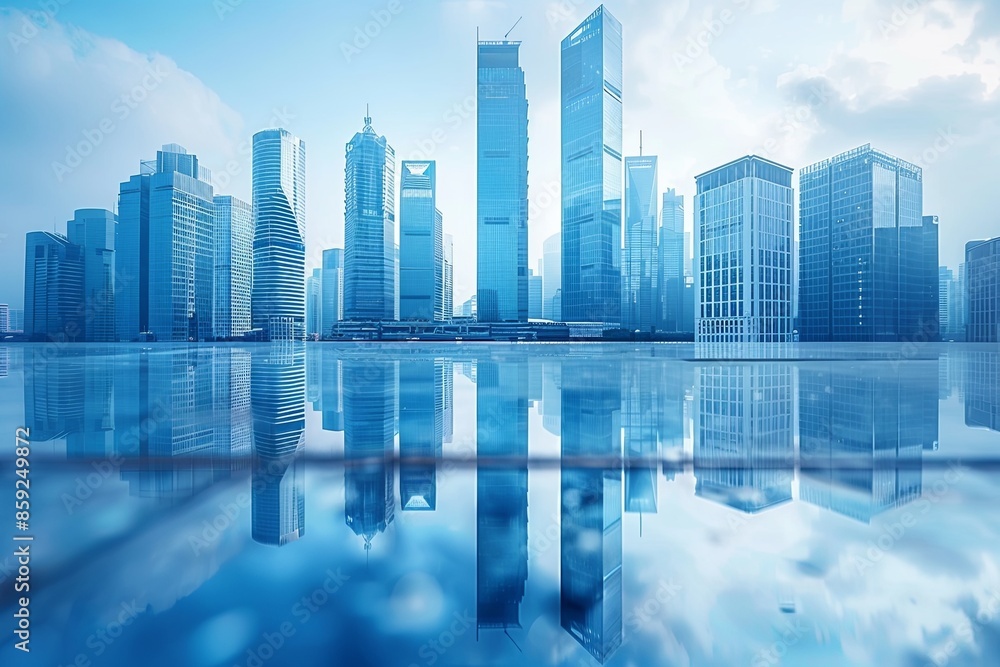 Modern city skyline with skyscrappers and reflection created with Generative AI Modern city skyline with skyscrappers and reflection created with Generative AI