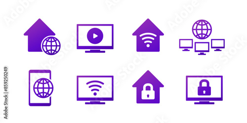 home internet, network and smart tv provider icons set