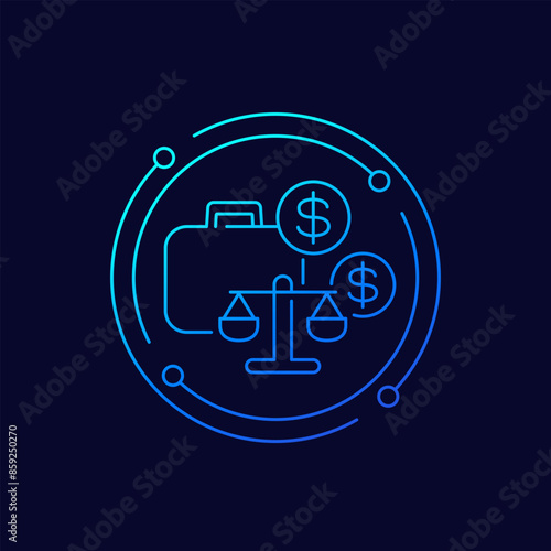 lawsuit costs icon, legal expenses, linear design