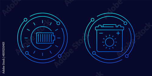 solar energy icons with battery and sun, linear design