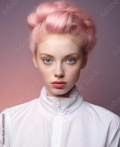 Elegant Young Woman with Pastel Pink Hair in White Outfit