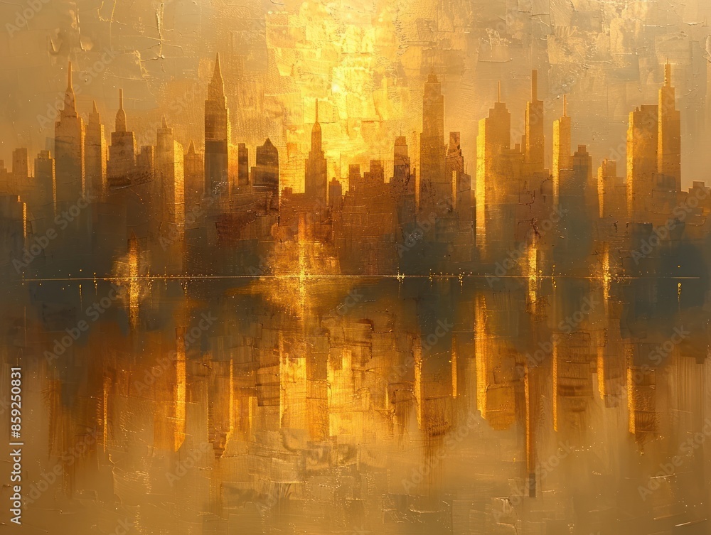 A painting of a city skyline at sunset with a golden reflection A painting of a city skyline at sunset with a golden reflection