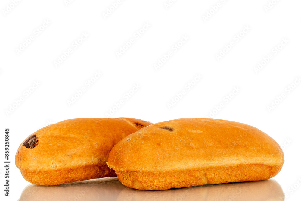Two sweet buns, macro, isolated on white background. Two sweet buns, macro, isolated on white background.