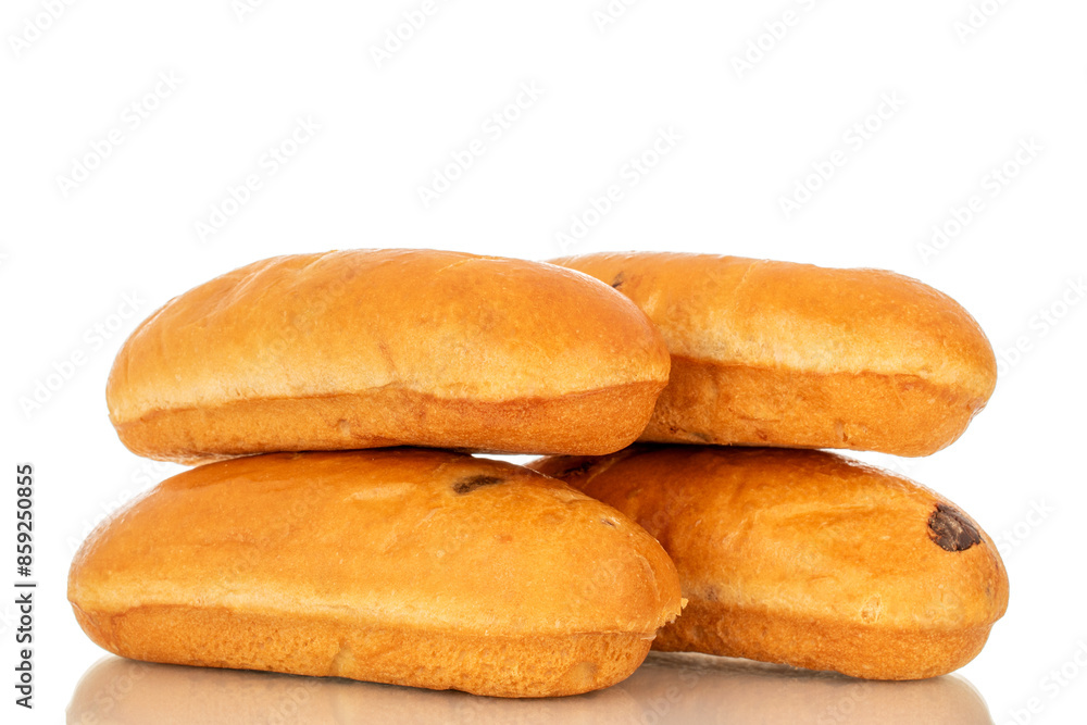 Four sweet buns, macro, isolated on white background. Four sweet buns, macro, isolated on white background.