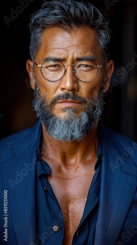 A man with a silver beard stares intensely at the camera