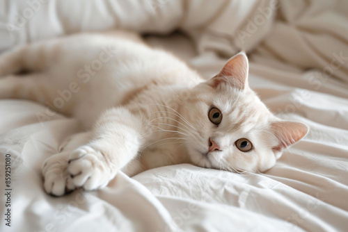 a white cat laying on a bed with white sheets