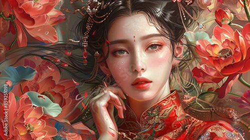 Portrait of a beautiful young asian girl . Cimenatic, sad, dramatic, movie. Beautiful eyes. Anime style. 