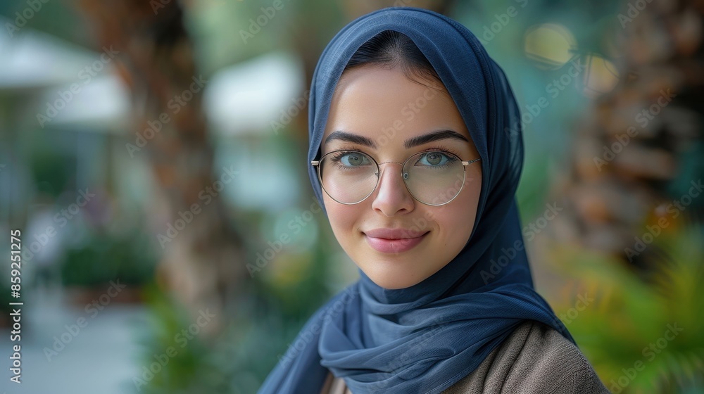 Young woman wearing a dark blue hijab and glasses, standing in an outdoor setting with greenery in the background. She smiles confidently at the camera, surrounded by nature. Young woman wearing a dark blue hijab and glasses, standing in an outdoor setting with greenery in the background. She smiles confidently at the camera, surrounded by nature.