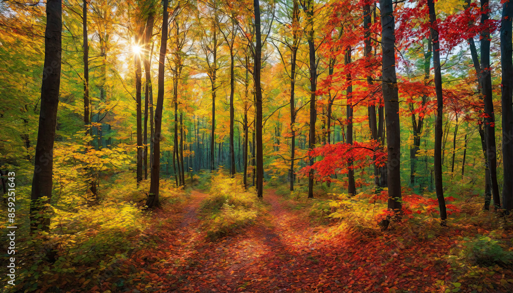 Obraz premium Autumn forest landscape, orange golden foliage, fall wallpaper