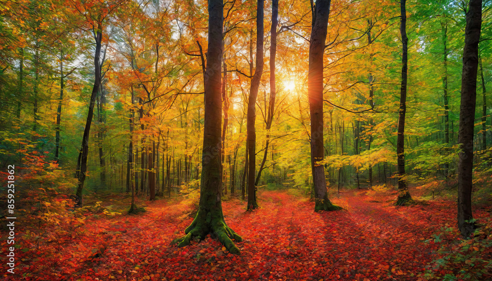 Obraz premium Autumn forest landscape, orange golden foliage, fall wallpaper