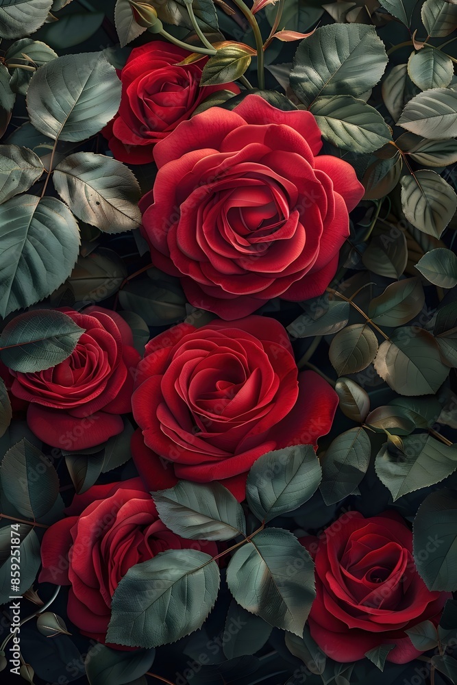 Opulent Crimson Rose Bouquet with Lush Green Foliage in Ornate Interior Setting Opulent Crimson Rose Bouquet with Lush Green Foliage in Ornate Interior Setting