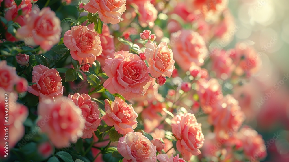 Pink roses bloom in abundance, bathed in soft sunlight Pink roses bloom in abundance, bathed in soft sunlight