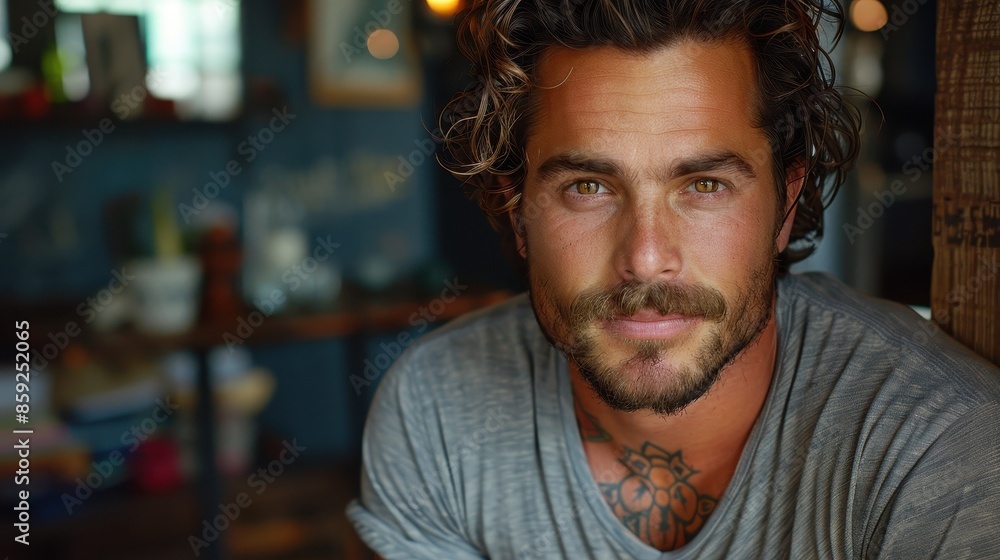 A detailed close-up portrait of a man with curly hair and visible tattoos, wearing a casual gray shirt, captured in a warmly lit indoor setting. A detailed close-up portrait of a man with curly hair and visible tattoos, wearing a casual gray shirt, captured in a warmly lit indoor setting.