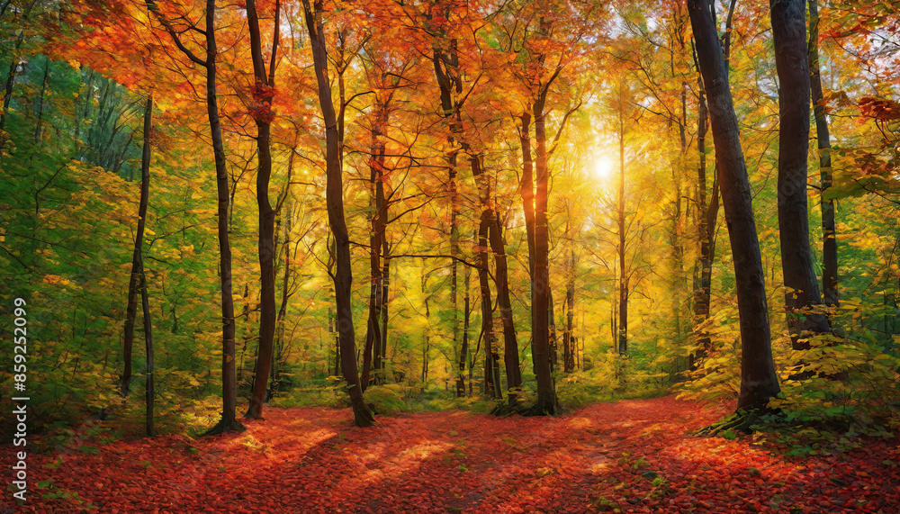 Fototapeta premium Autumn forest landscape, orange golden foliage, fall wallpaper