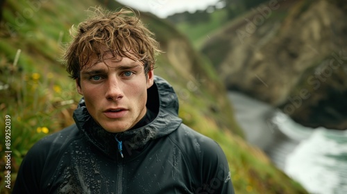A man stands on a cliff, gazing out at the wild coastline