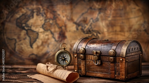 A treasure chest with a scroll and compass, set on a wooden table with space for text in the background.