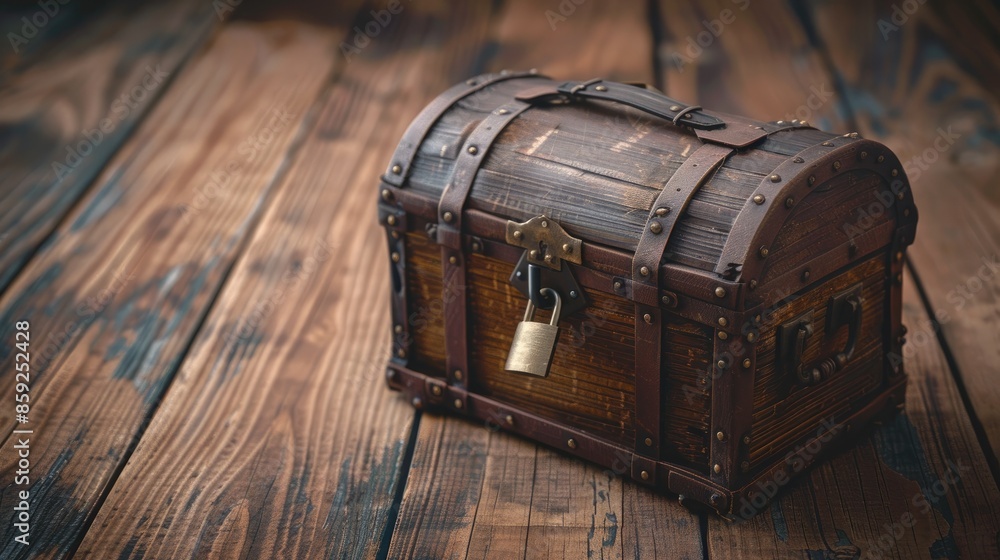 A treasure chest with a padlock, resting on a wooden floor with an empty background for text on the right A treasure chest with a padlock, resting on a wooden floor with an empty background for text on the right
