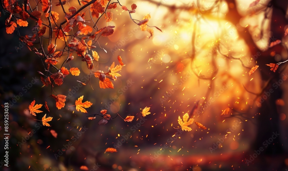 Blurred nature background with copy space, showcasing a beautiful autumn landscape in forest at sunset. Blurred nature background with copy space, showcasing a beautiful autumn landscape in forest at sunset.