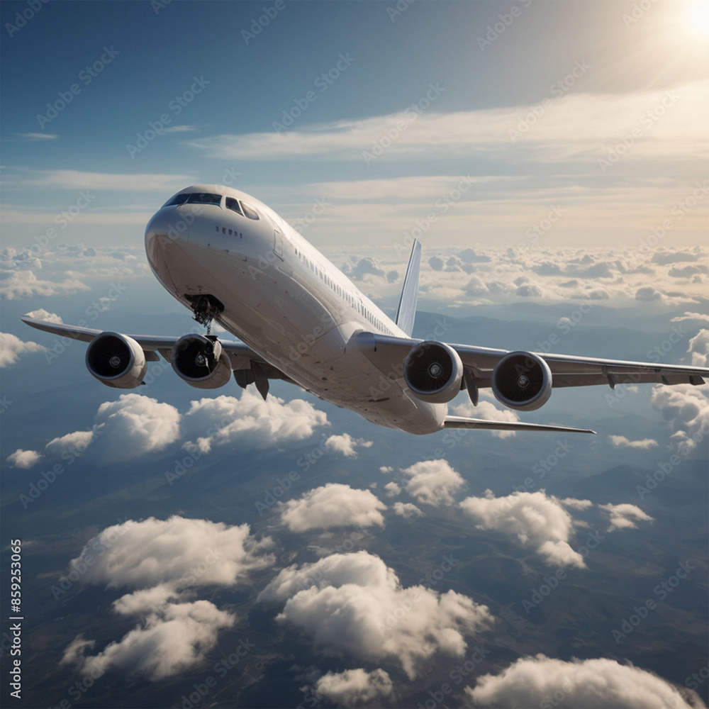 Obraz premium Airplane, commercial airliner, cruising at high altitude, realistic, 1080p --ar 16:9. Generative AI, A realistic image of a commercial airliner cruising at high altitude.