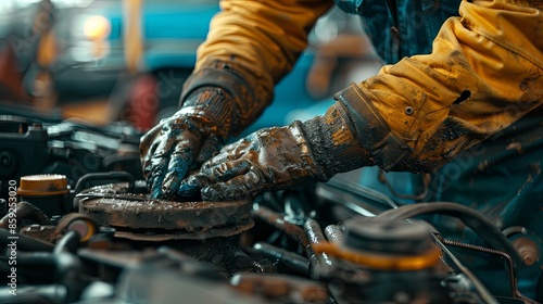 A mechanic sporting a yellow coat and gloves thoroughly engages with a greasy engine, amidst the equipment-laden environment of a bustling auto workshop, exuding dedication. © Barosanu