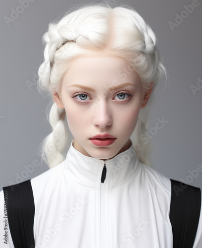 Elegant Young Woman with Platinum Blonde Braids in White Outfit