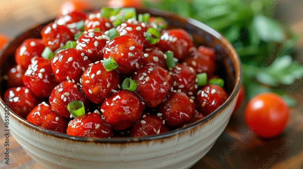 Close-up of glazed meatballs with sesame seeds in a bowl Close-up of glazed meatballs with sesame seeds in a bowl