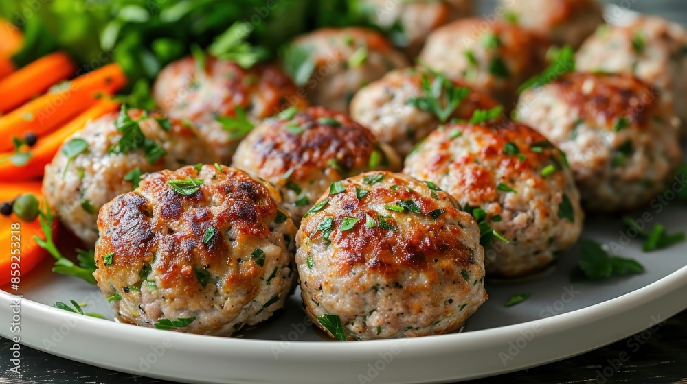 Close-up of meatballs with parsley and carrots Close-up of meatballs with parsley and carrots