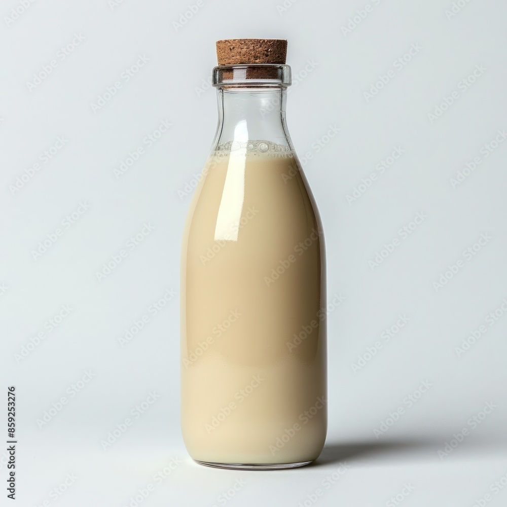 A glass bottle of oat milk with a cork top, standing on a white surface A glass bottle of oat milk with a cork top, standing on a white surface