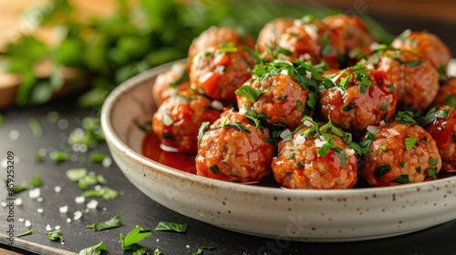 Close-up of a plate of meatballs in a rich sauce with parsley © vimp