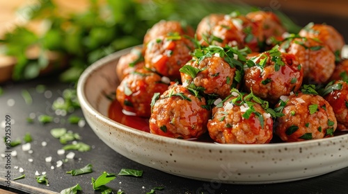 Close-up of a plate of meatballs in a rich sauce with parsley