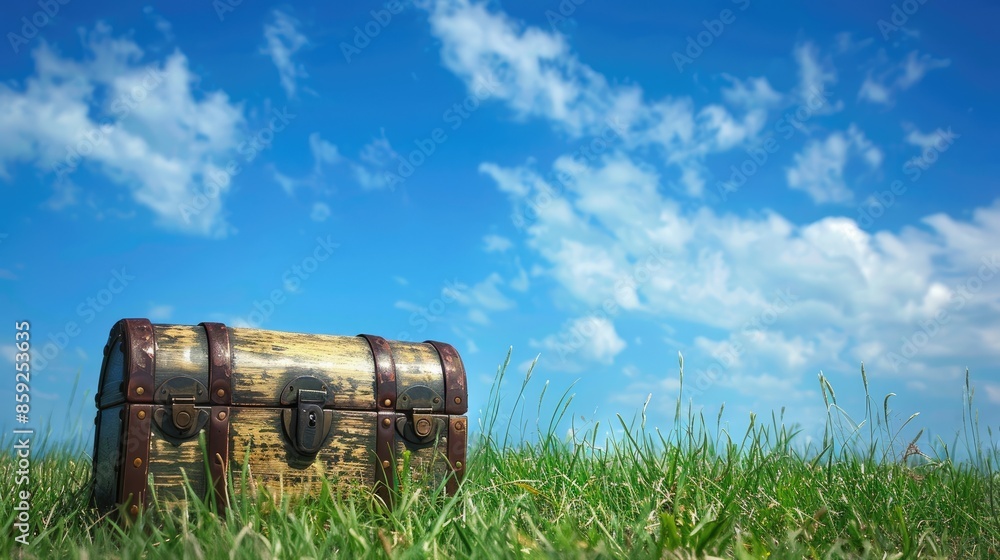 A rustic treasure chest on a grassy field, under a bright blue sky with plenty of space for text A rustic treasure chest on a grassy field, under a bright blue sky with plenty of space for text