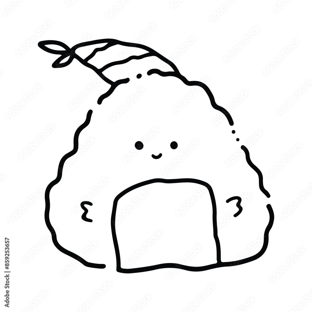 Cute cartoon food character. Cute Onigiri Outline. Funny rice with nori wrap and cute face, cartoon Japanese food mascot, onigiri sticker vector illustration Cute cartoon food character. Cute Onigiri Outline. Funny rice with nori wrap and cute face, cartoon Japanese food mascot, onigiri sticker vector illustration