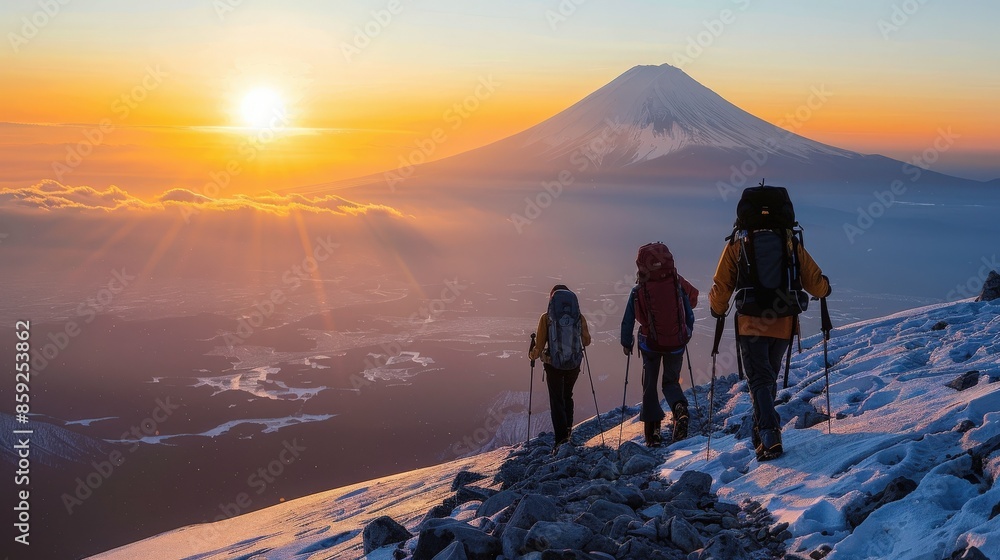 Sunrise Hike to the Summit Capture hikers reaching the peak of Mt Fuji at dawn, with the sun rising in the background Sunrise Hike to the Summit Capture hikers reaching the peak of Mt Fuji at dawn, with the sun rising in the background