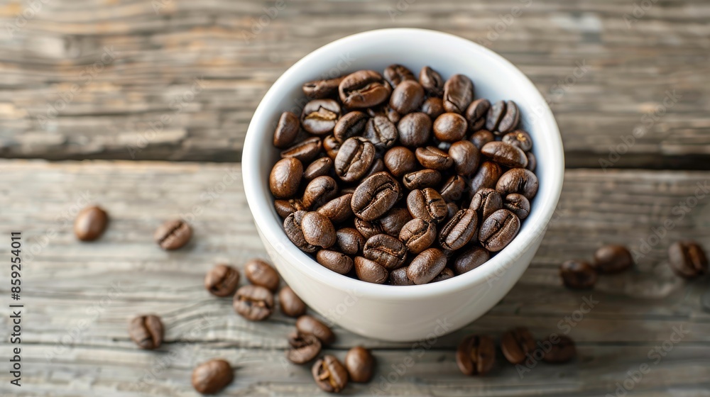 Fototapeta premium Roasted coffee beans in white cup on wooden background as a potential backdrop