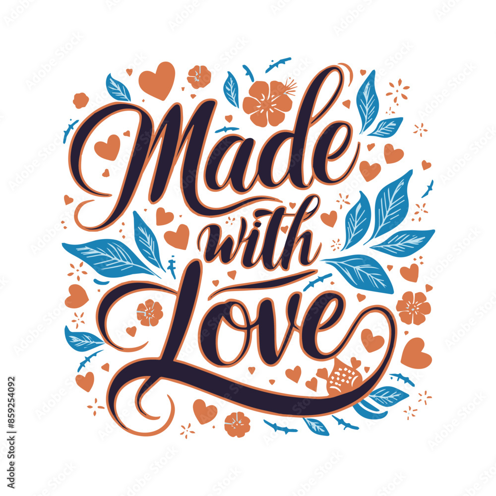A white background with a hand-lettered design saying Made with Love surrounded by blue and orange hearts and leaves A white background with a hand-lettered design saying Made with Love surrounded by blue and orange hearts and leaves