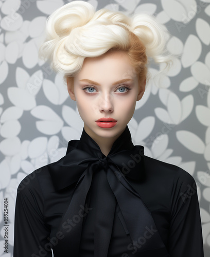 Elegant Young Woman with Blonde Hair in Black Ribbon Outfit