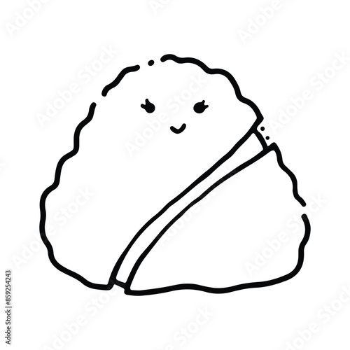 Cute cartoon food character. Cute Onigiri Outline. Funny rice with nori wrap and cute face, cartoon Japanese food mascot, onigiri sticker vector illustration