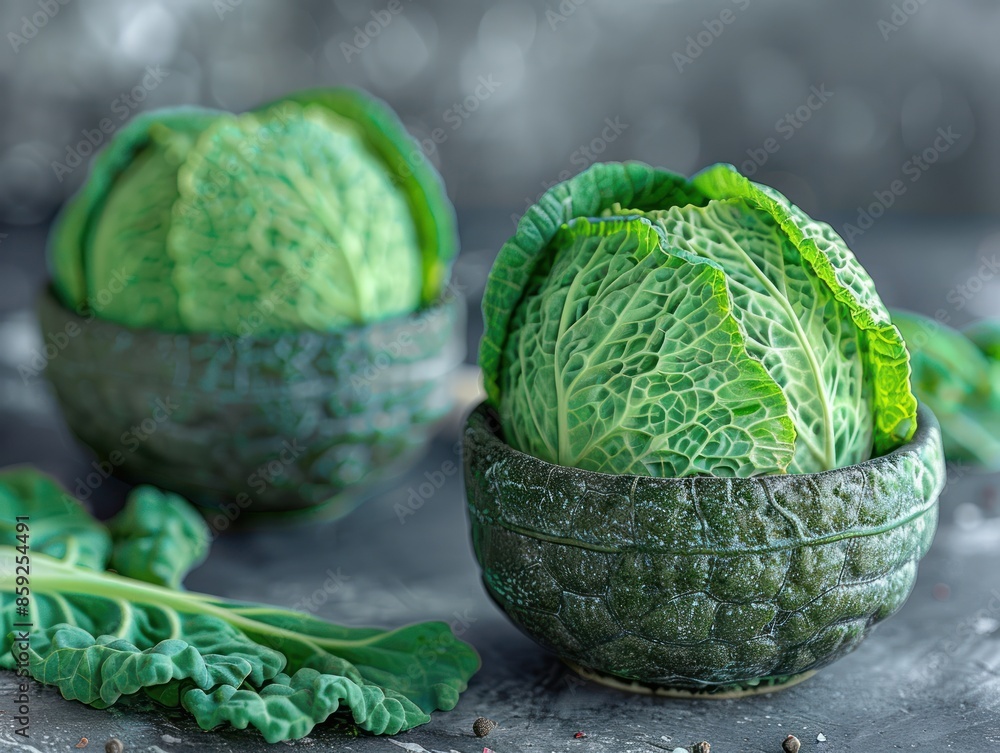 Fototapeta premium Two green cabbages sit in rustic bowls on a textured gray surface