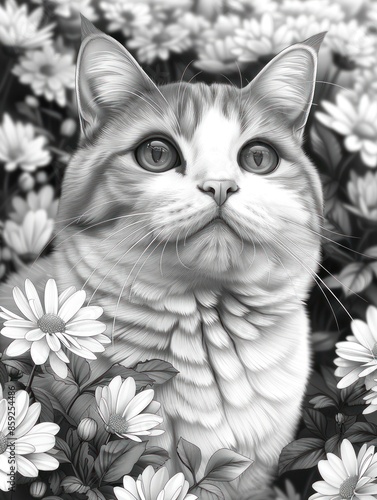 A black and white illustration of a cat nestled in a field of daisies © vimp