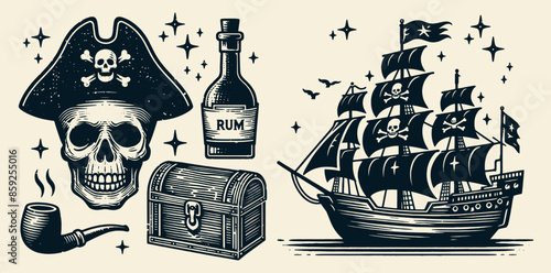 Pirate engraving set. Skull, cocked hat, box, pipe, rum, treasure chest.   Vintage retro illustration. Black icon, isolated elemen. print, tattoo