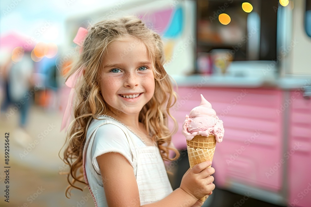 Adorable girl eat fruit ice cream in mall Adorable girl eat fruit ice cream in mall