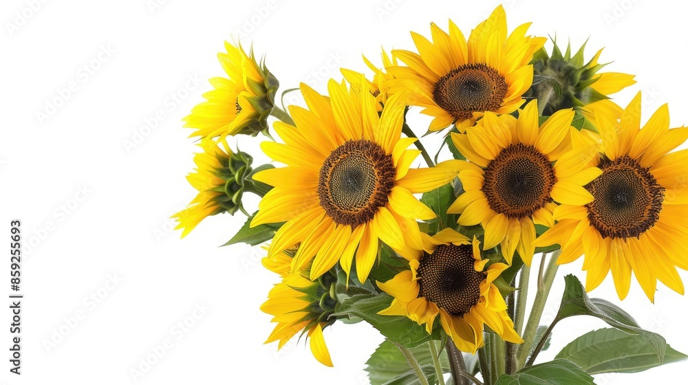 Obraz premium Sunflower bouquet against a white background, radiating warmth and cheerfulness.
