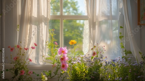 Sunlit Window with Lace Curtains and Colorful Wildflowers in Bloom
