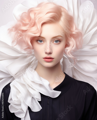  Elegant Young Woman with Wavy Pastel Pink Hair and White Ruffled Accessory