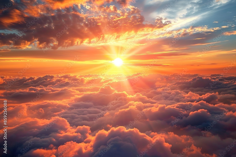 A brilliant burst of fiery light emerging from the clouds at twilight A brilliant burst of fiery light emerging from the clouds at twilight
