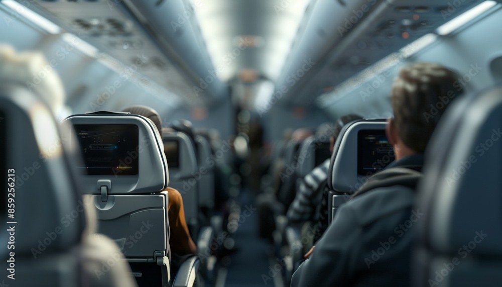 Passengers Sitting in an Airplane Cabin with Focus on Seats and Aisle Passengers Sitting in an Airplane Cabin with Focus on Seats and Aisle