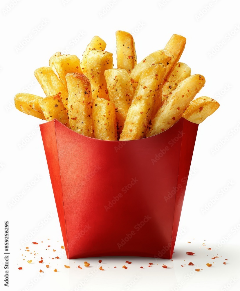 Crispy Golden French Fries in Red Paper Container With Seasoning Crispy Golden French Fries in Red Paper Container With Seasoning