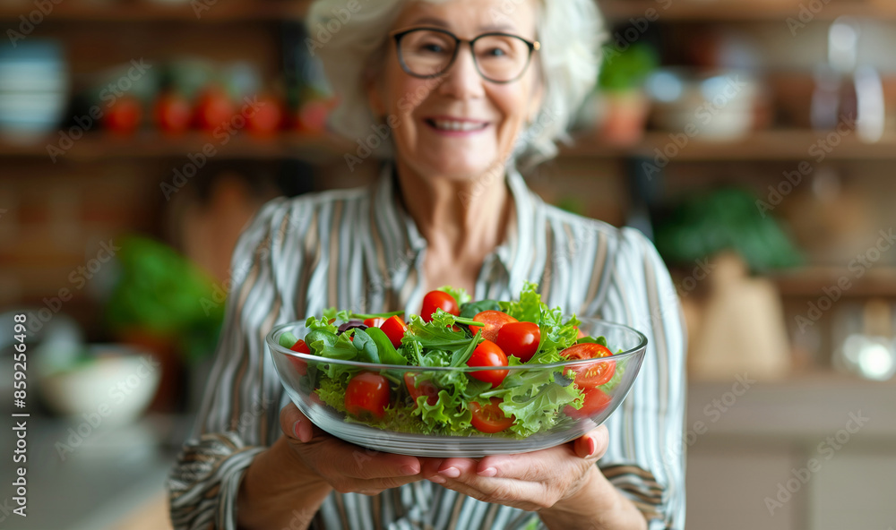 An elderly woman is holding fresh salad in her kitchen, radiating happiness and health An elderly woman is holding fresh salad in her kitchen, radiating happiness and health